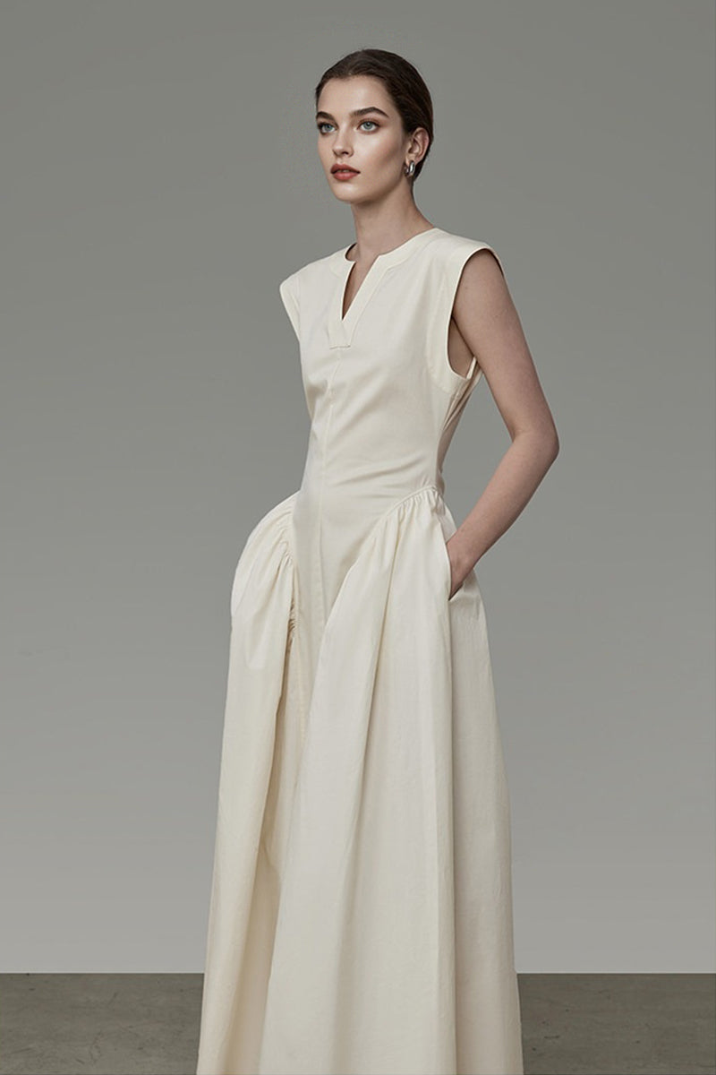 Structured Sleeveless A-Line Midi Dress with Pockets