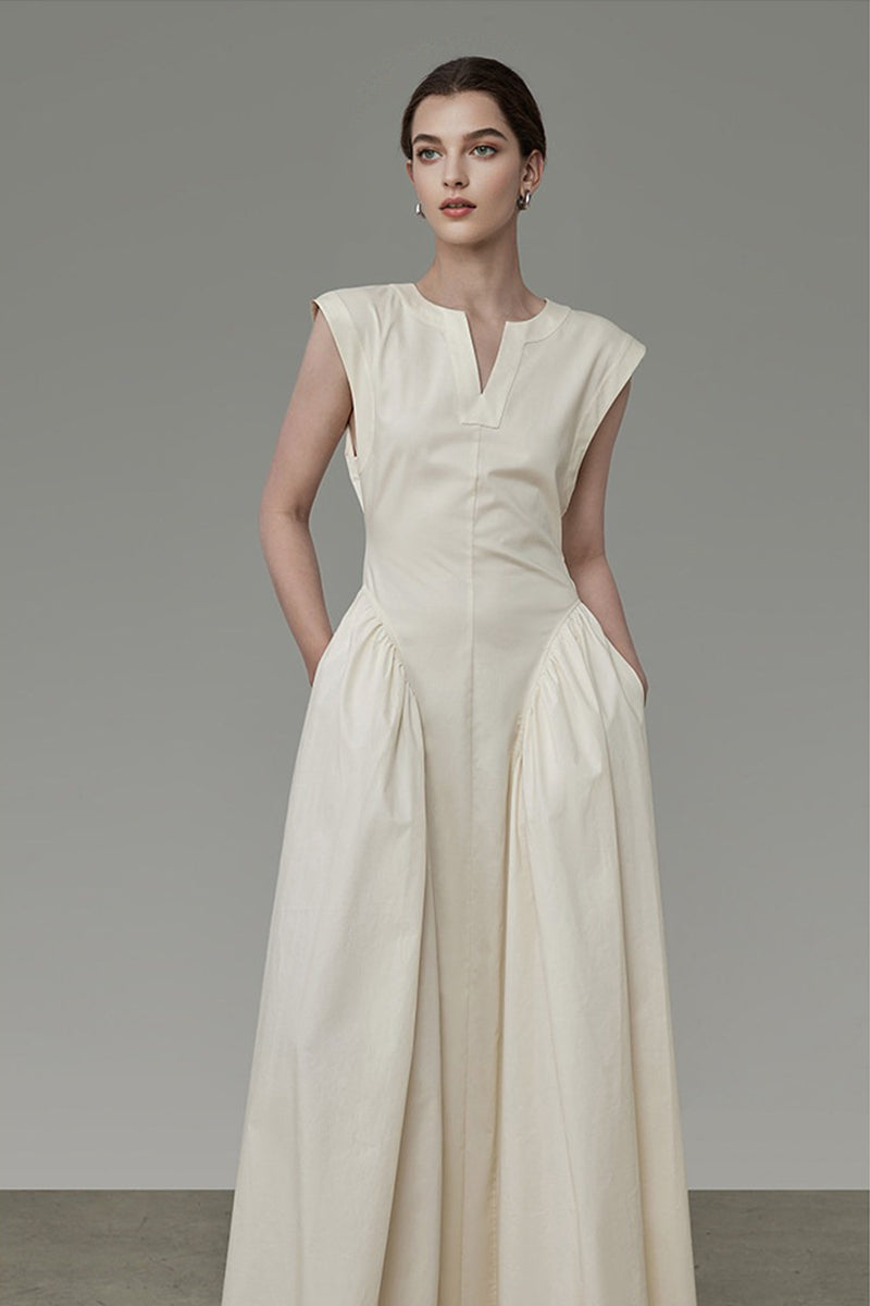 Structured Sleeveless A-Line Midi Dress with Pockets