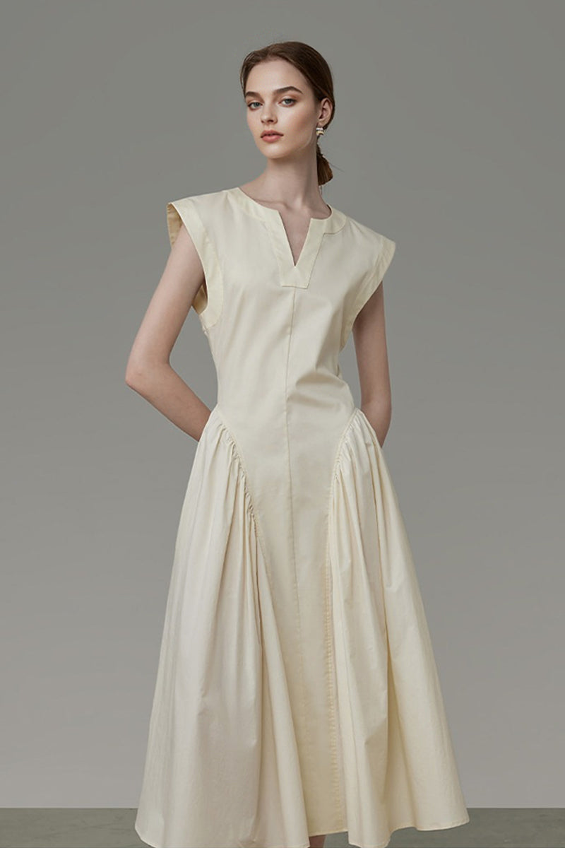 Structured Sleeveless A-Line Midi Dress with Pockets