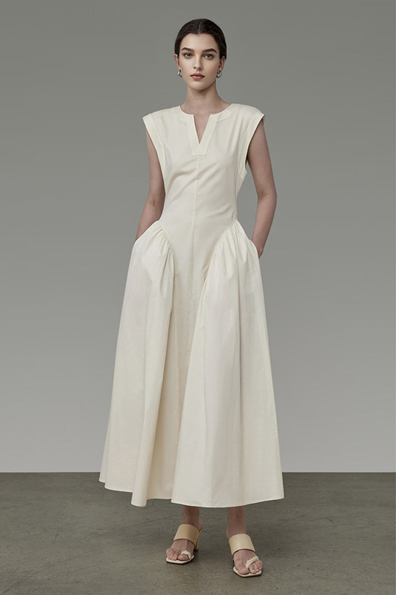 Structured Sleeveless A-Line Midi Dress with Pockets