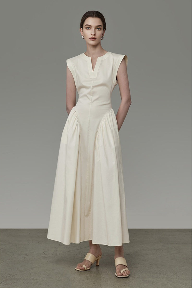 Structured Sleeveless A-Line Midi Dress with Pockets