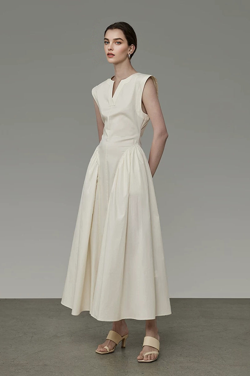 Structured Sleeveless A-Line Midi Dress with Pockets