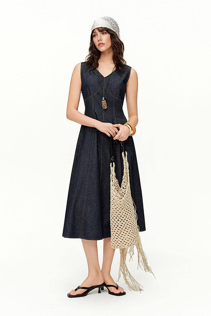 Structured V-Neck Sleeveless Midi Dress