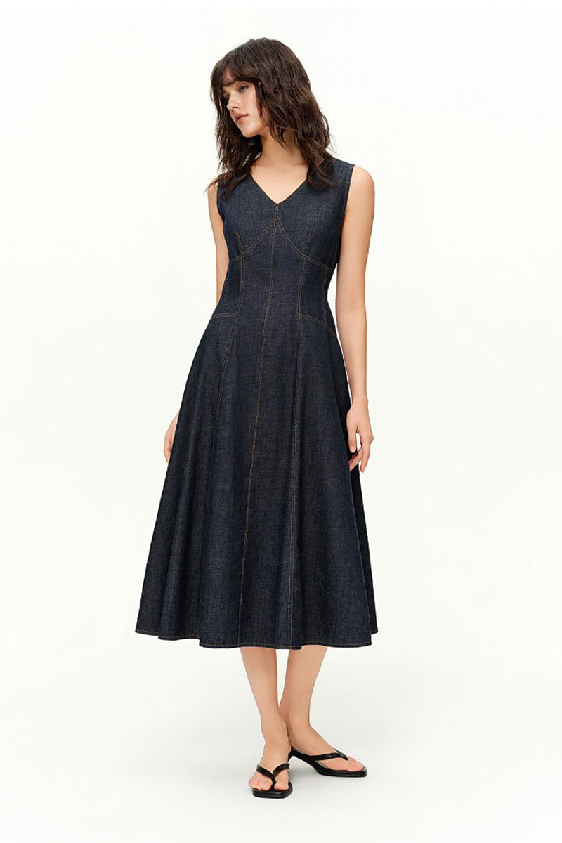 Structured V-Neck Sleeveless Midi Dress