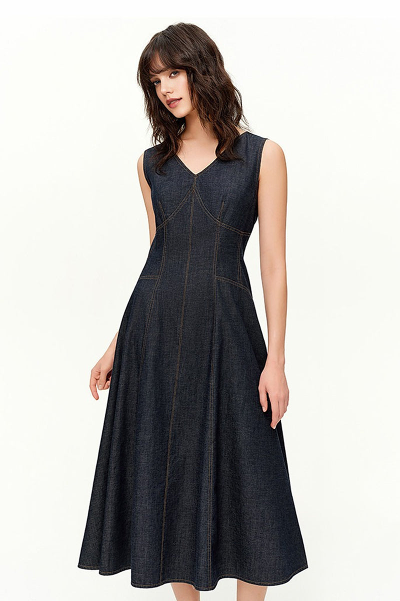 Structured V-Neck Sleeveless Midi Dress