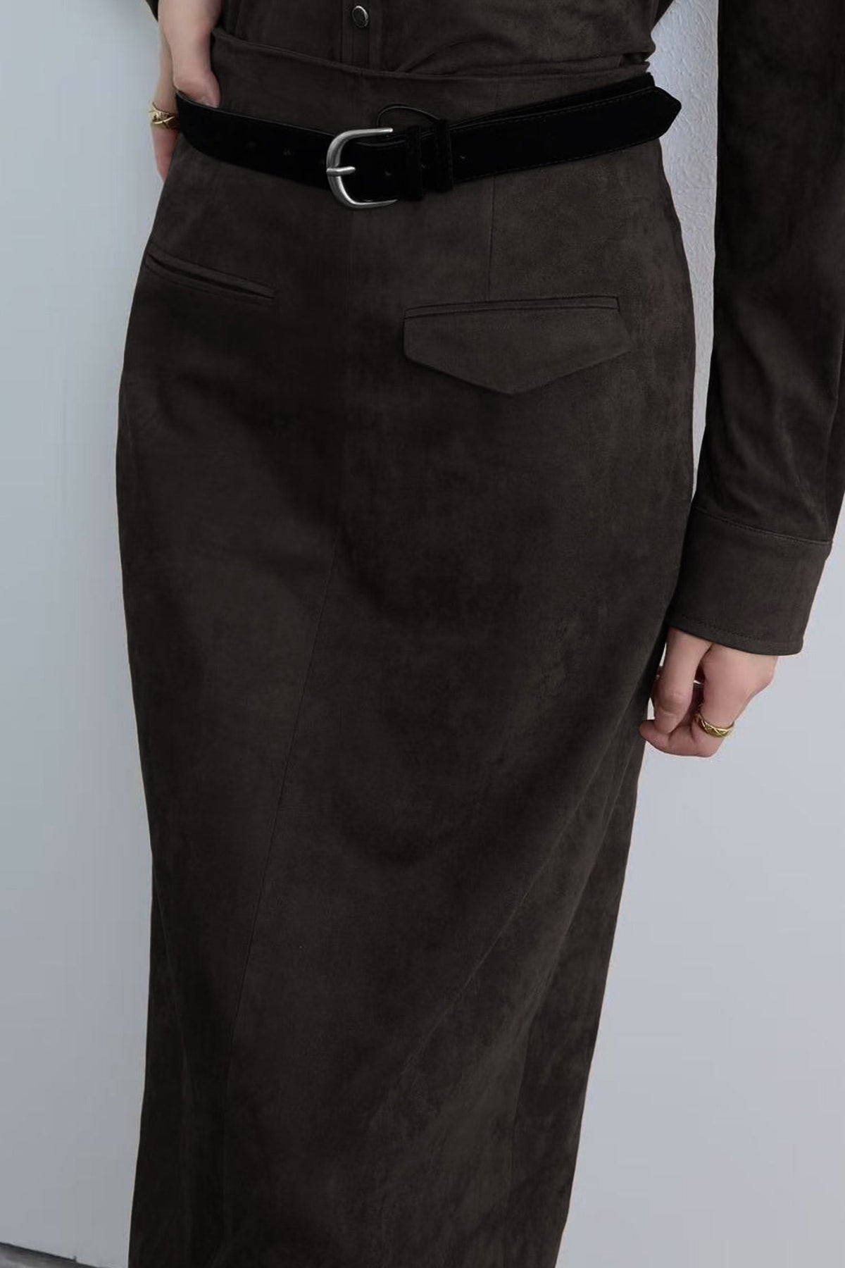 Suede High-Waisted Column Maxi Skirt with Back Slit
