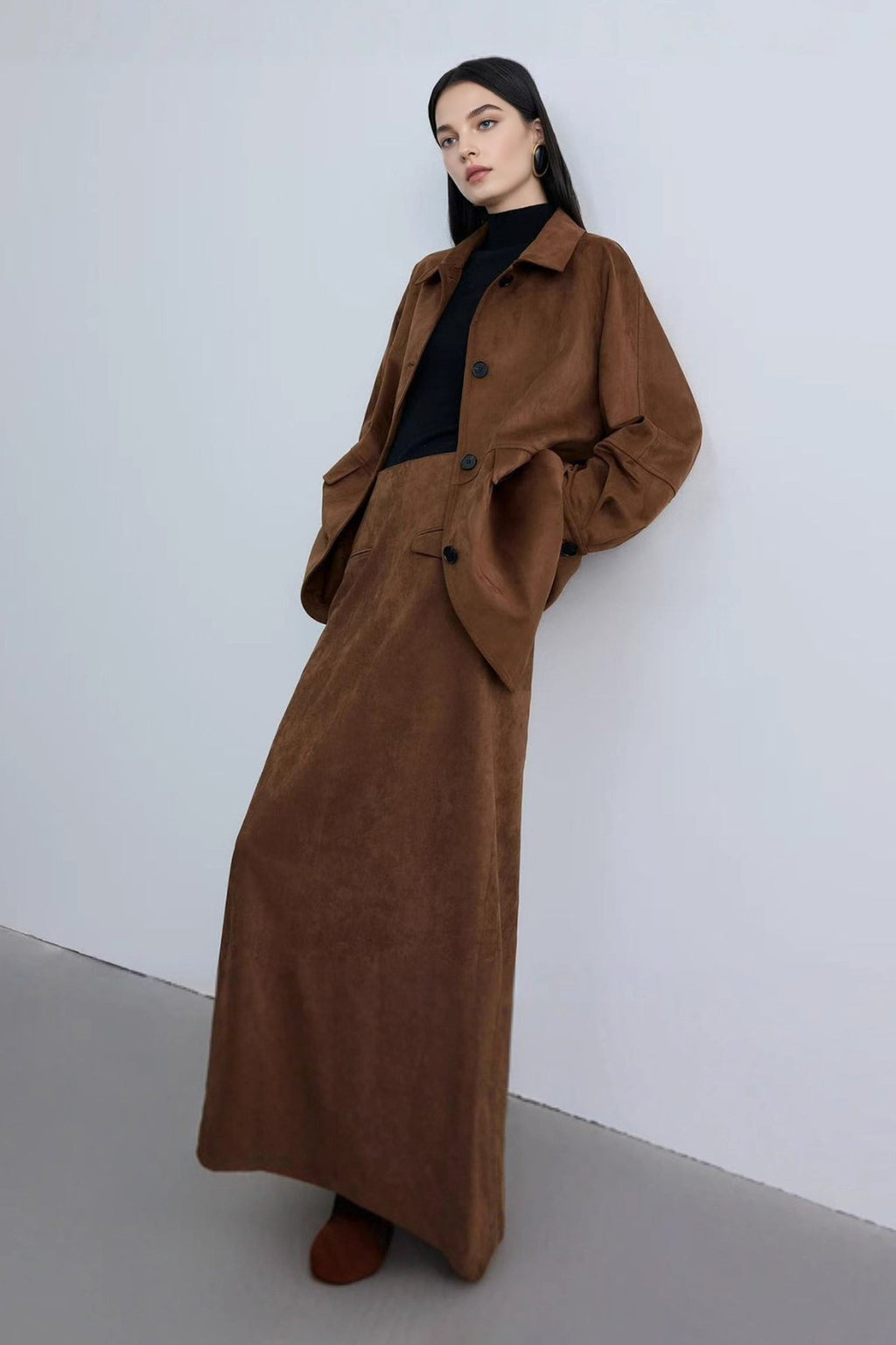 Suede High-Waisted Column Maxi Skirt with Back Slit