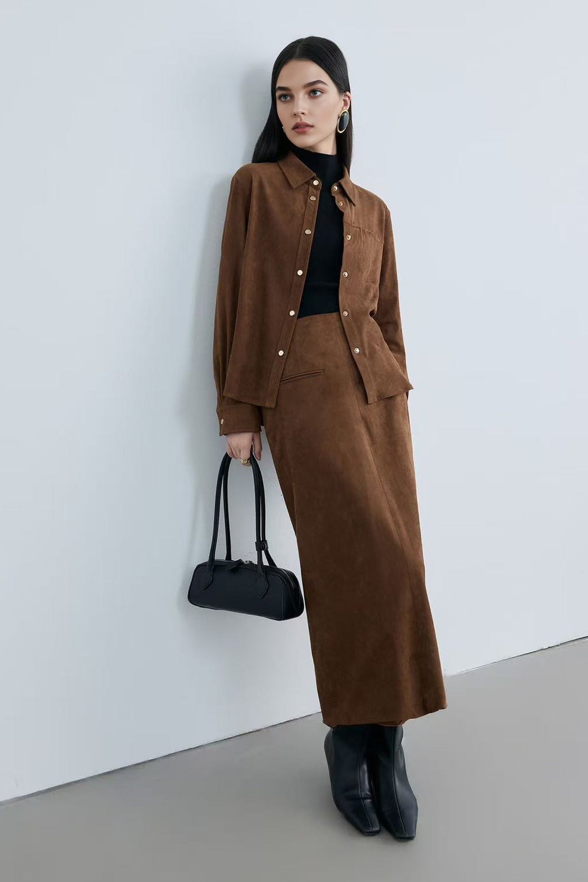 Suede High-Waisted Column Maxi Skirt with Back Slit