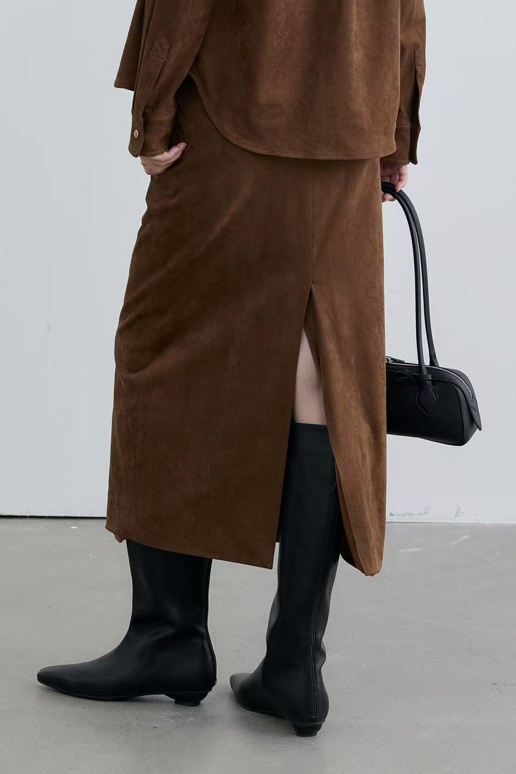 Suede High-Waisted Column Maxi Skirt with Back Slit
