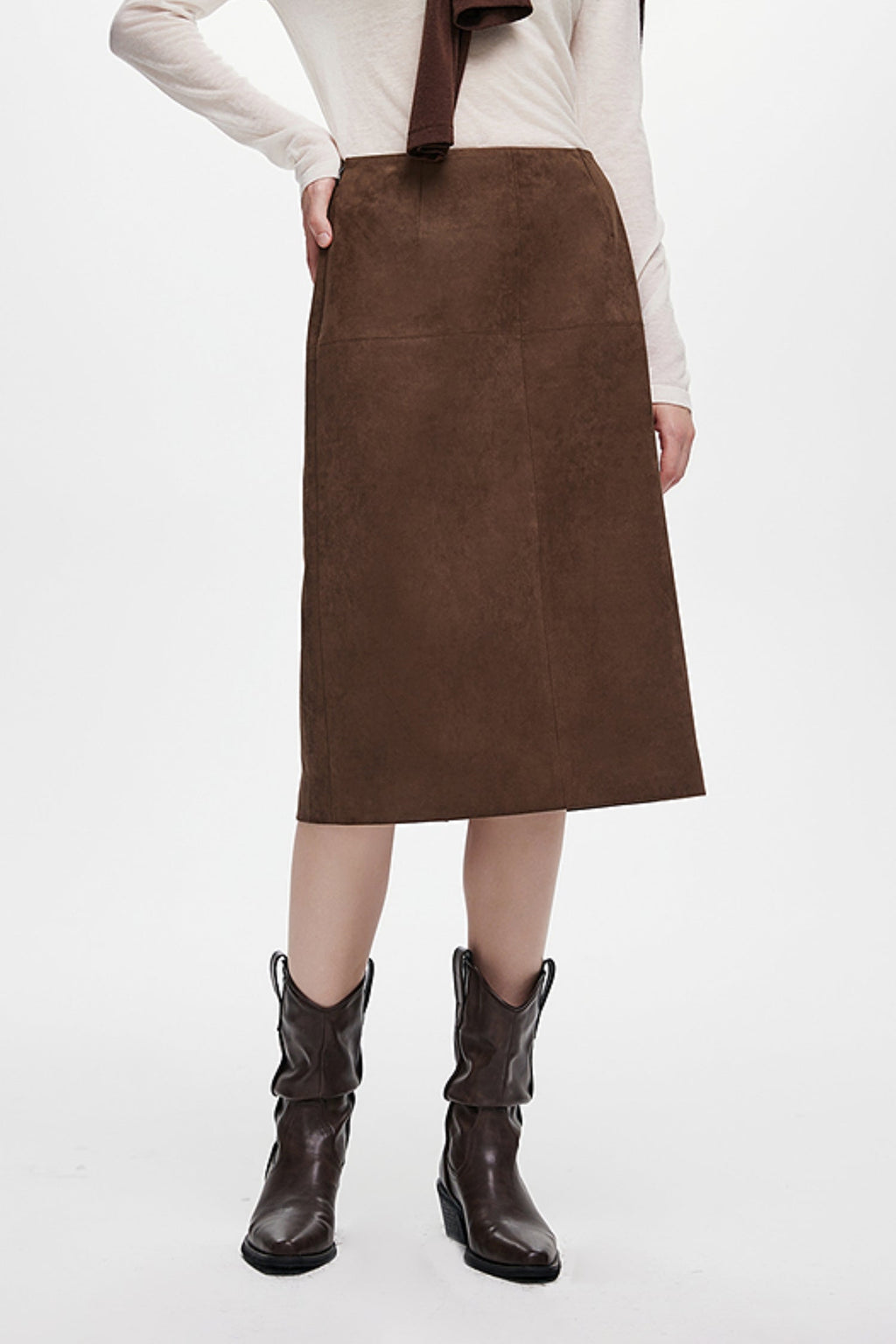 Suede Textured A-Line Midi Skirt in Brown