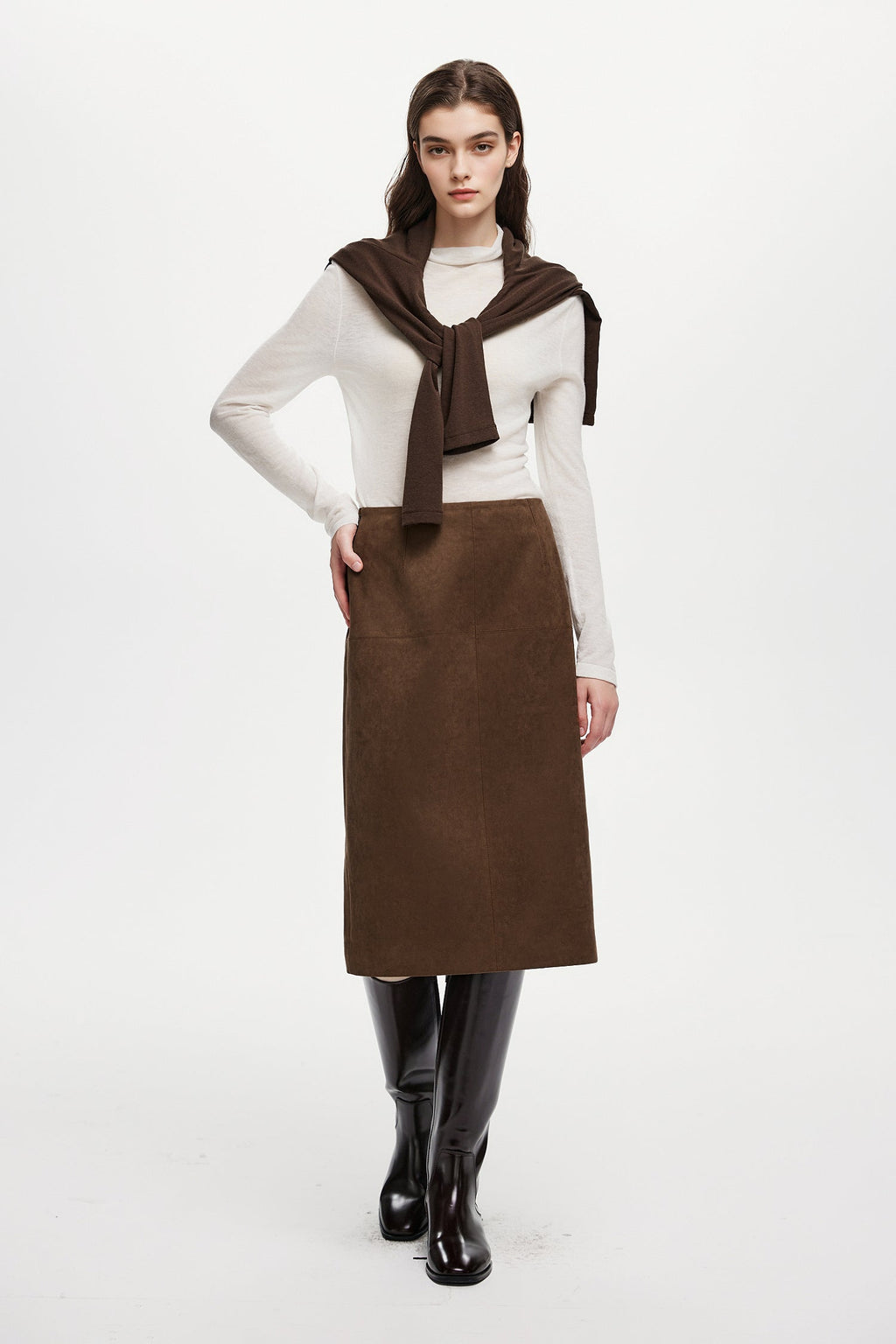 Suede Textured A-Line Midi Skirt in Brown