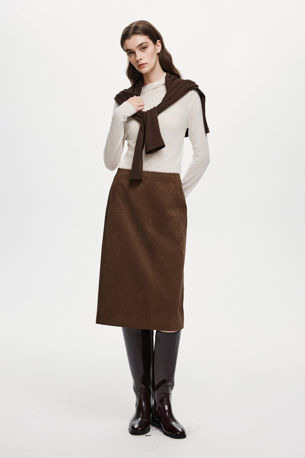 Suede Textured A-Line Midi Skirt in Brown