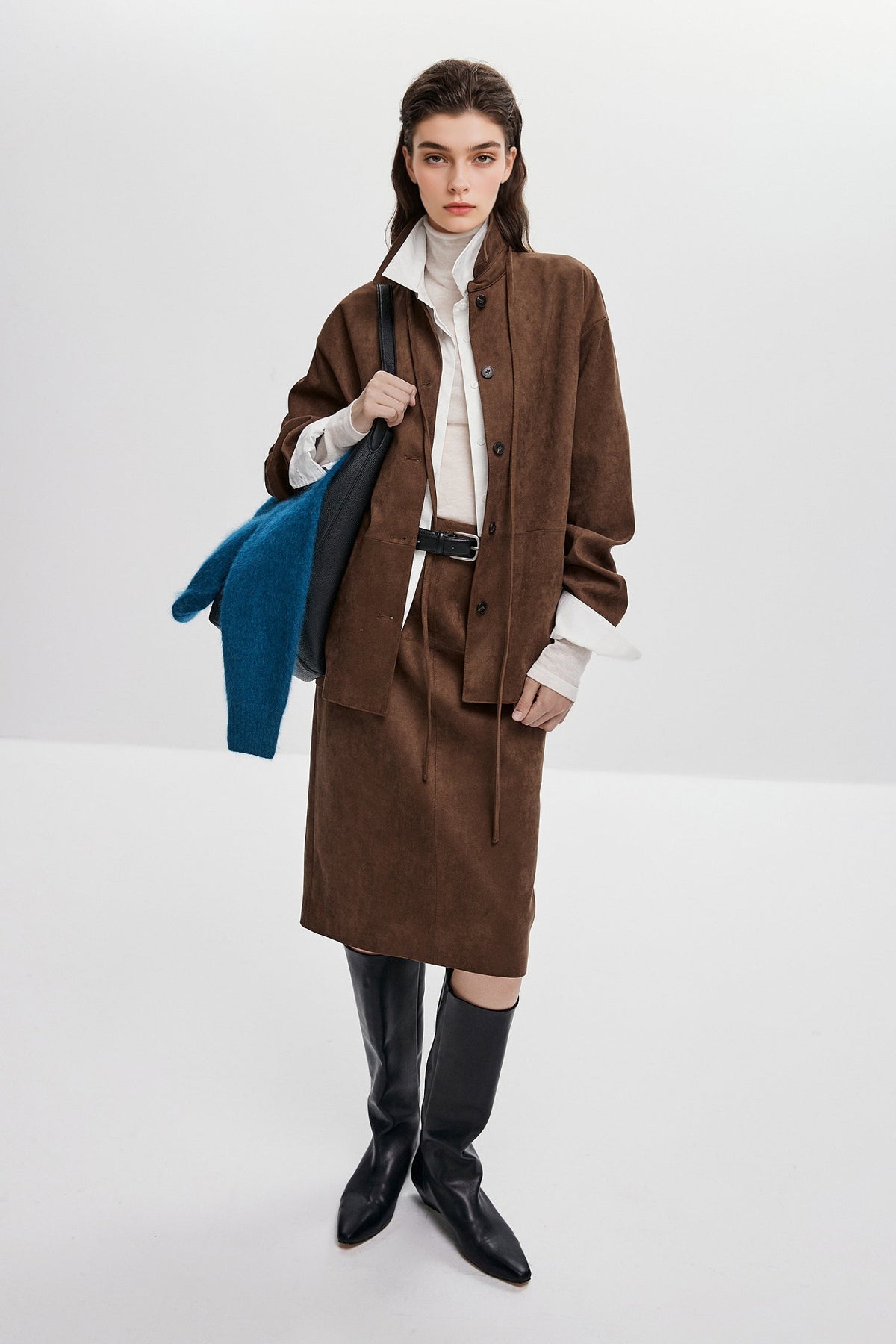 Suede Textured A-Line Midi Skirt in Brown