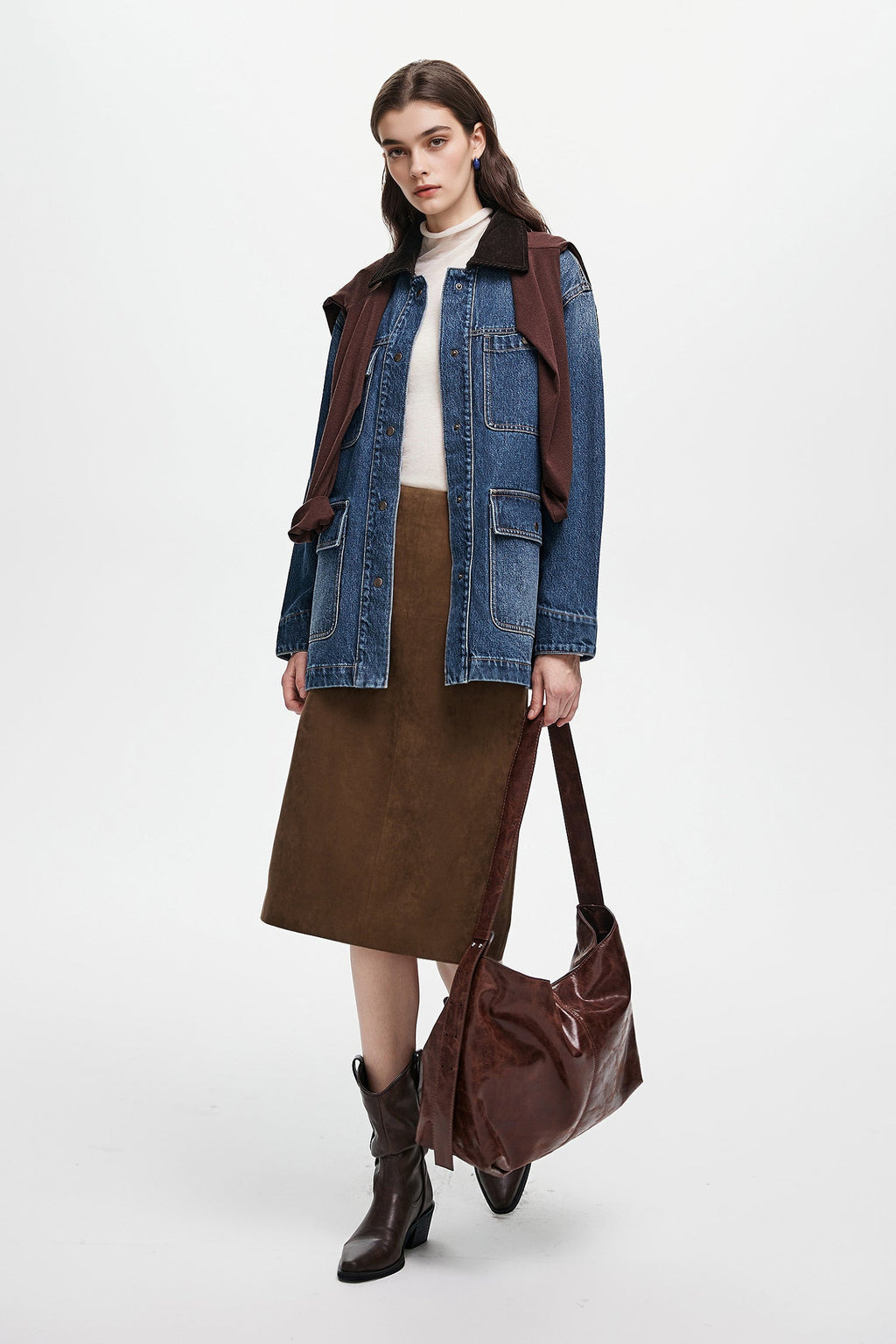 Suede Textured A-Line Midi Skirt in Brown