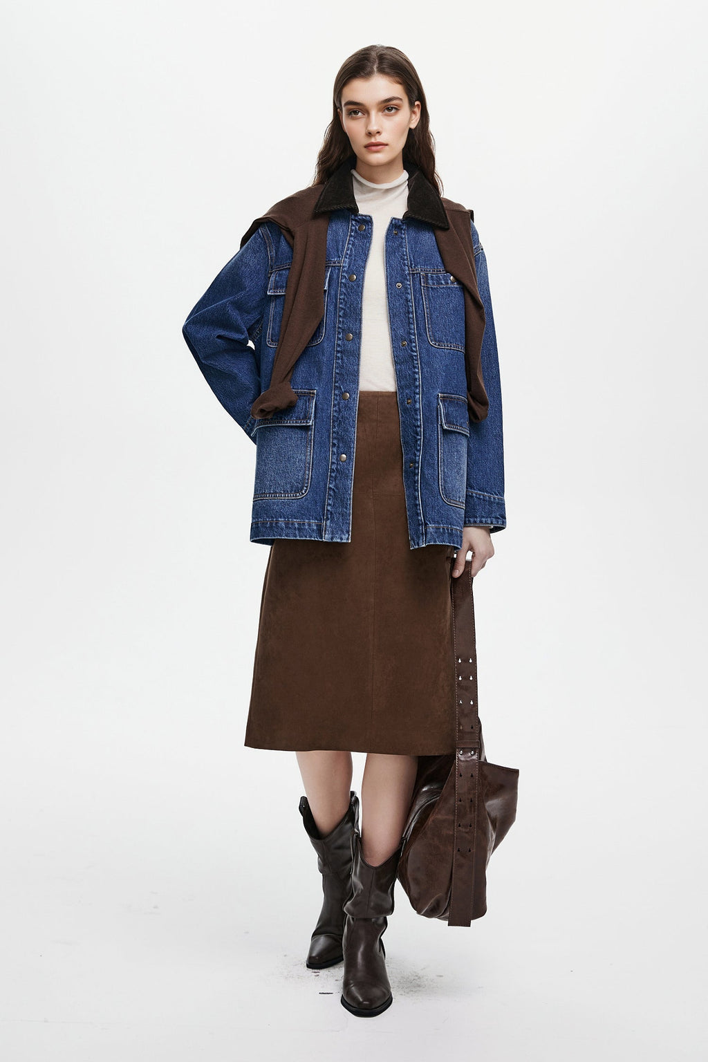 Suede Textured A-Line Midi Skirt in Brown