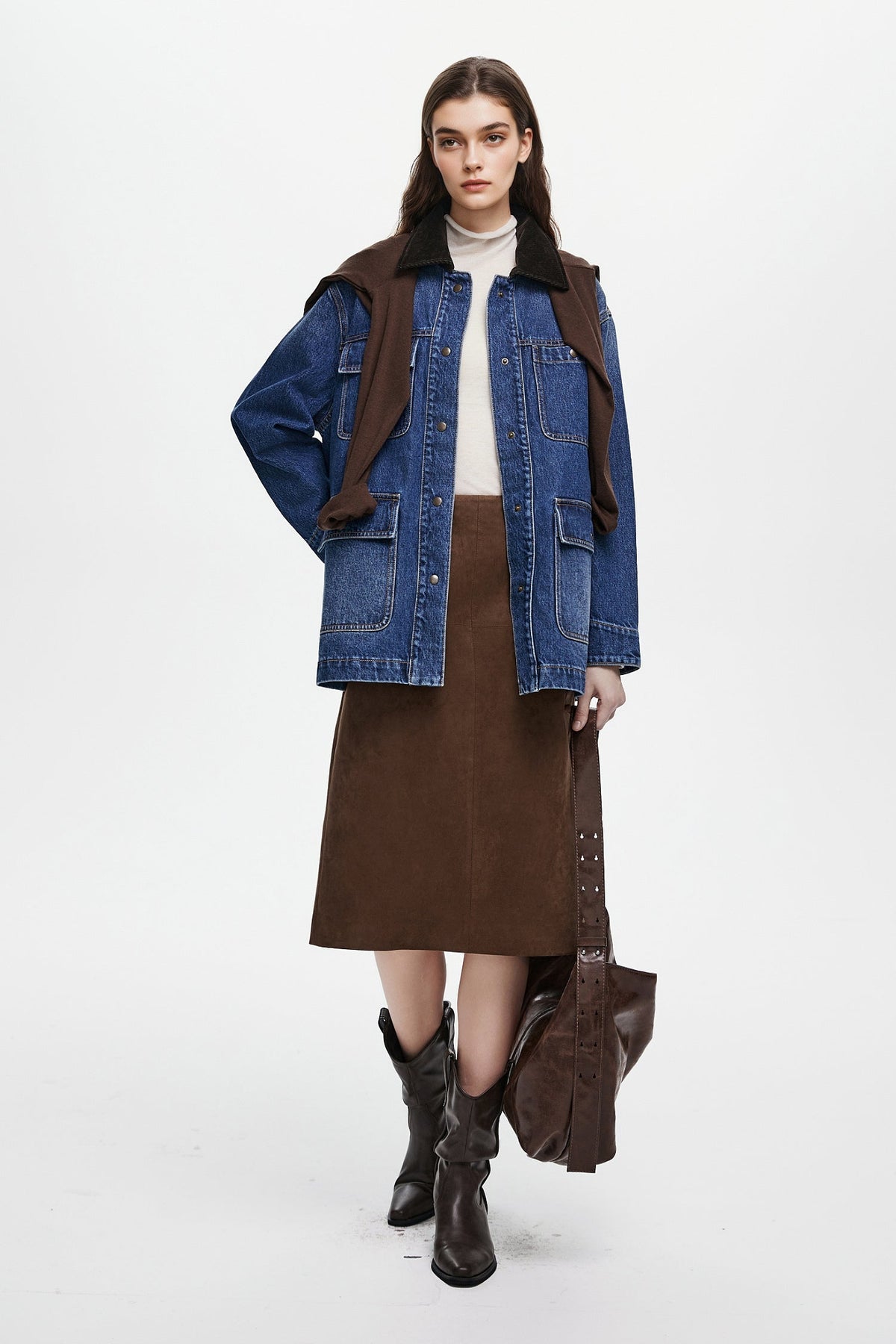 Suede Textured A-Line Midi Skirt in Brown