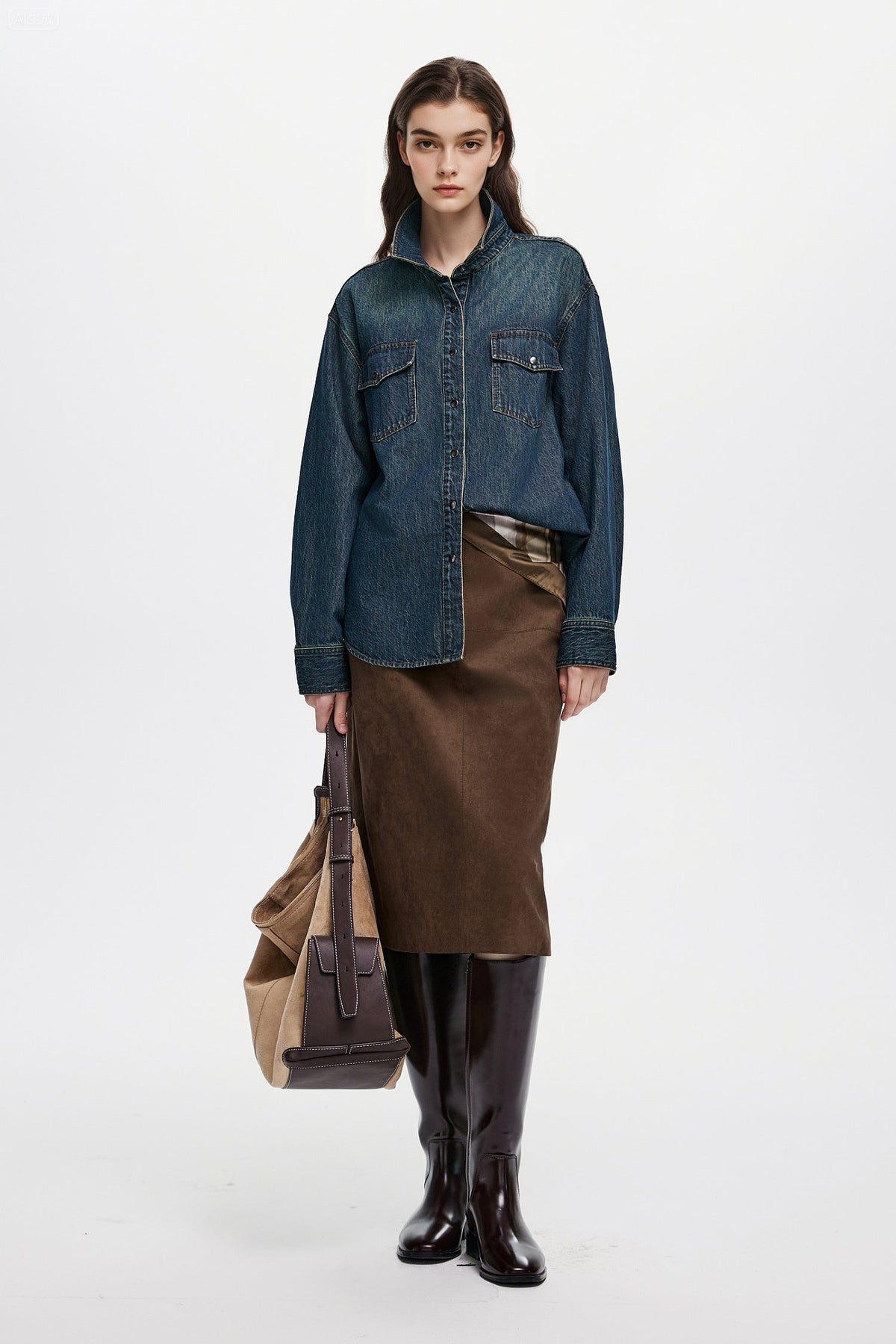 Suede Textured A-Line Midi Skirt in Brown
