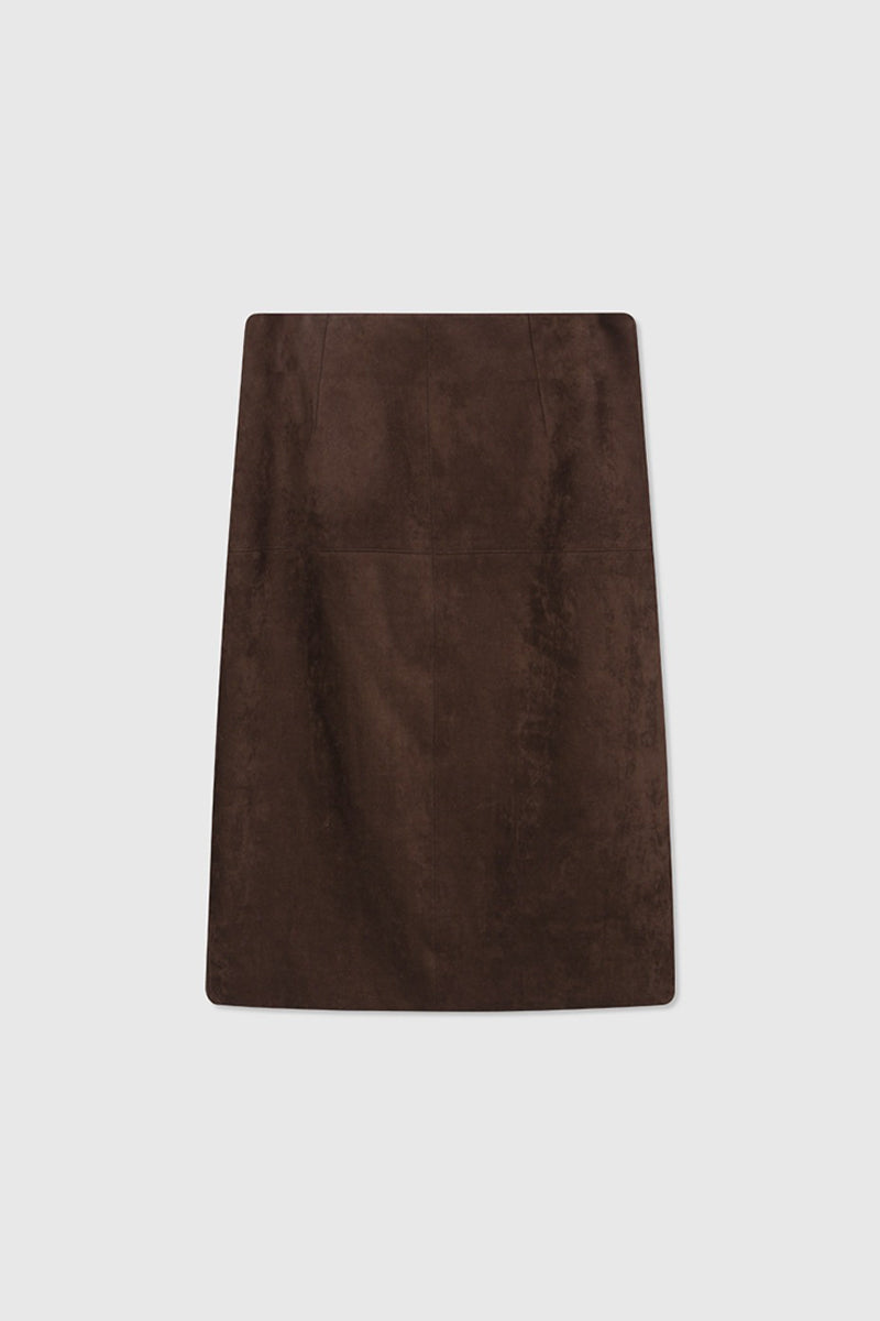Suede Textured A-Line Midi Skirt in Brown