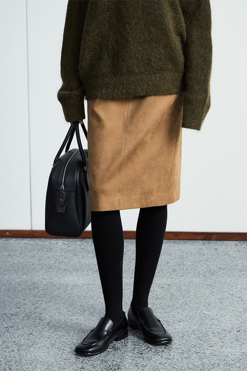 Suede Textured A-Line Midi Skirt in Brown