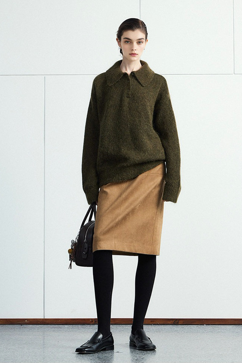 Suede Textured A-Line Midi Skirt in Brown