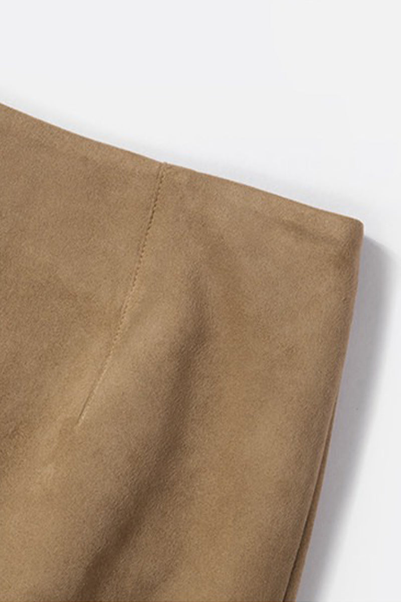 Suede Textured A-Line Midi Skirt in Brown