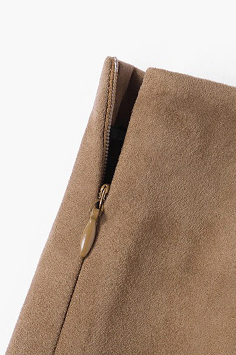 Suede Textured A-Line Midi Skirt in Brown