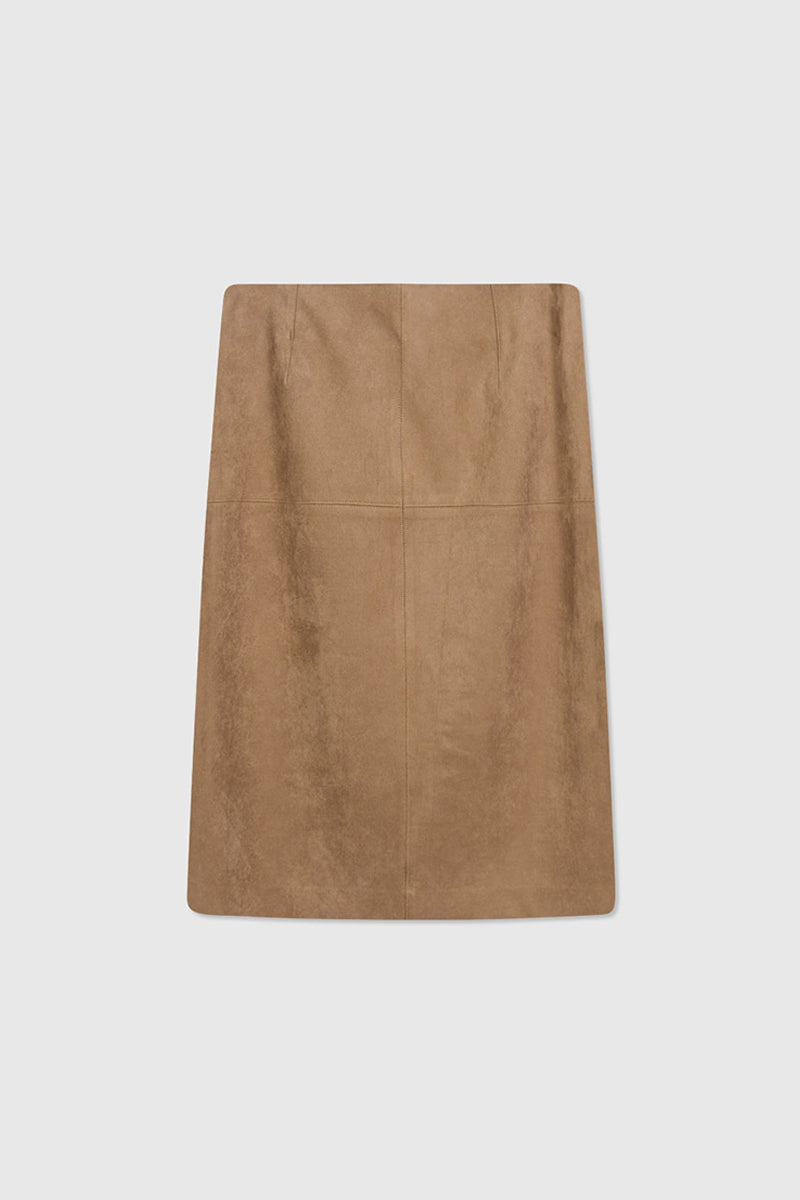 Suede Textured A-Line Midi Skirt in Brown
