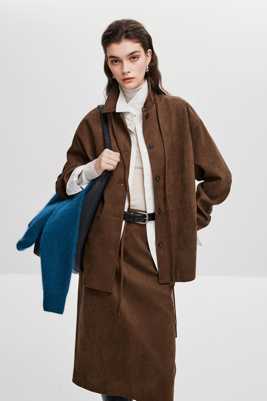 Suede Textured Tie-Waist Overshirt Jacket in Brown