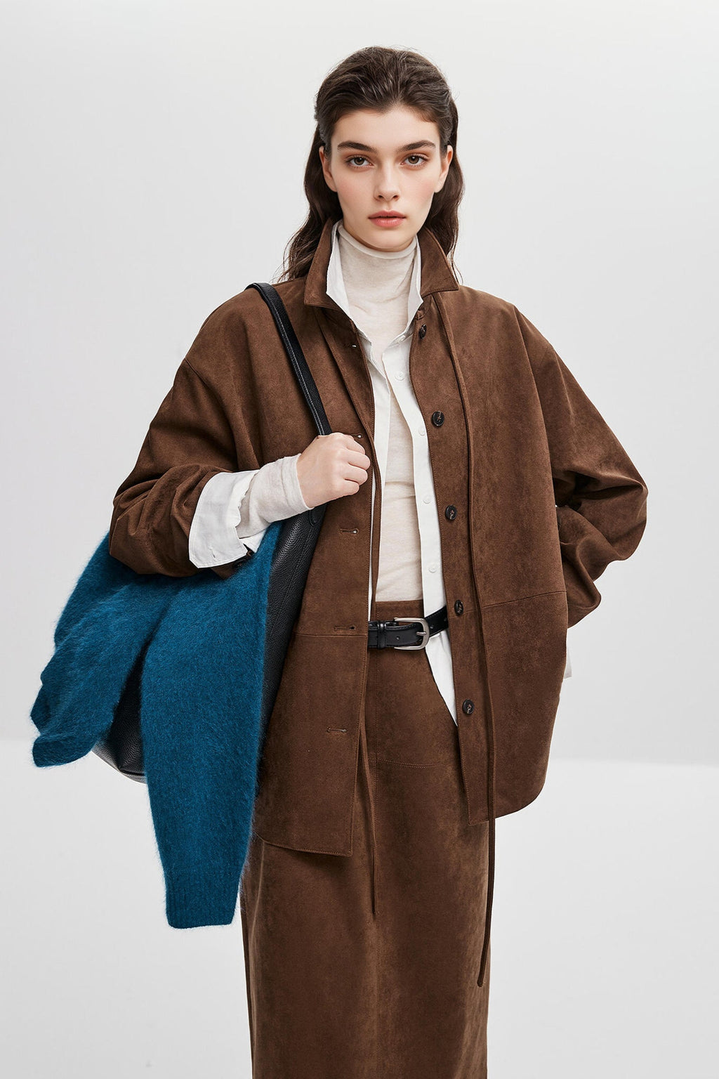 Suede Textured Tie-Waist Overshirt Jacket in Brown