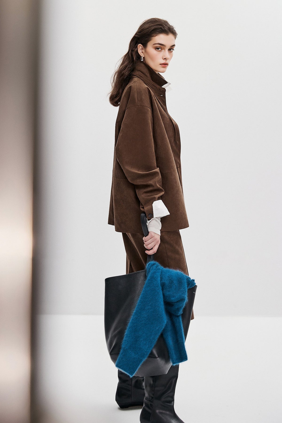 Suede Textured Tie-Waist Overshirt Jacket in Brown