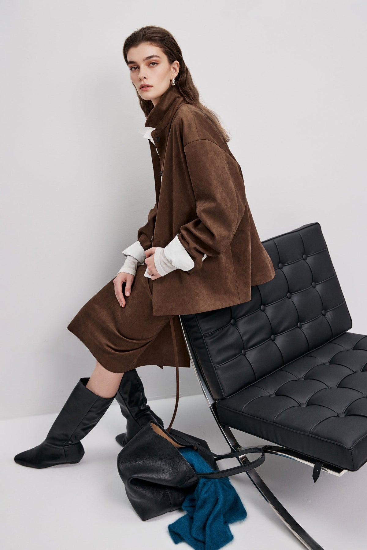 Suede Textured Tie-Waist Overshirt Jacket in Brown