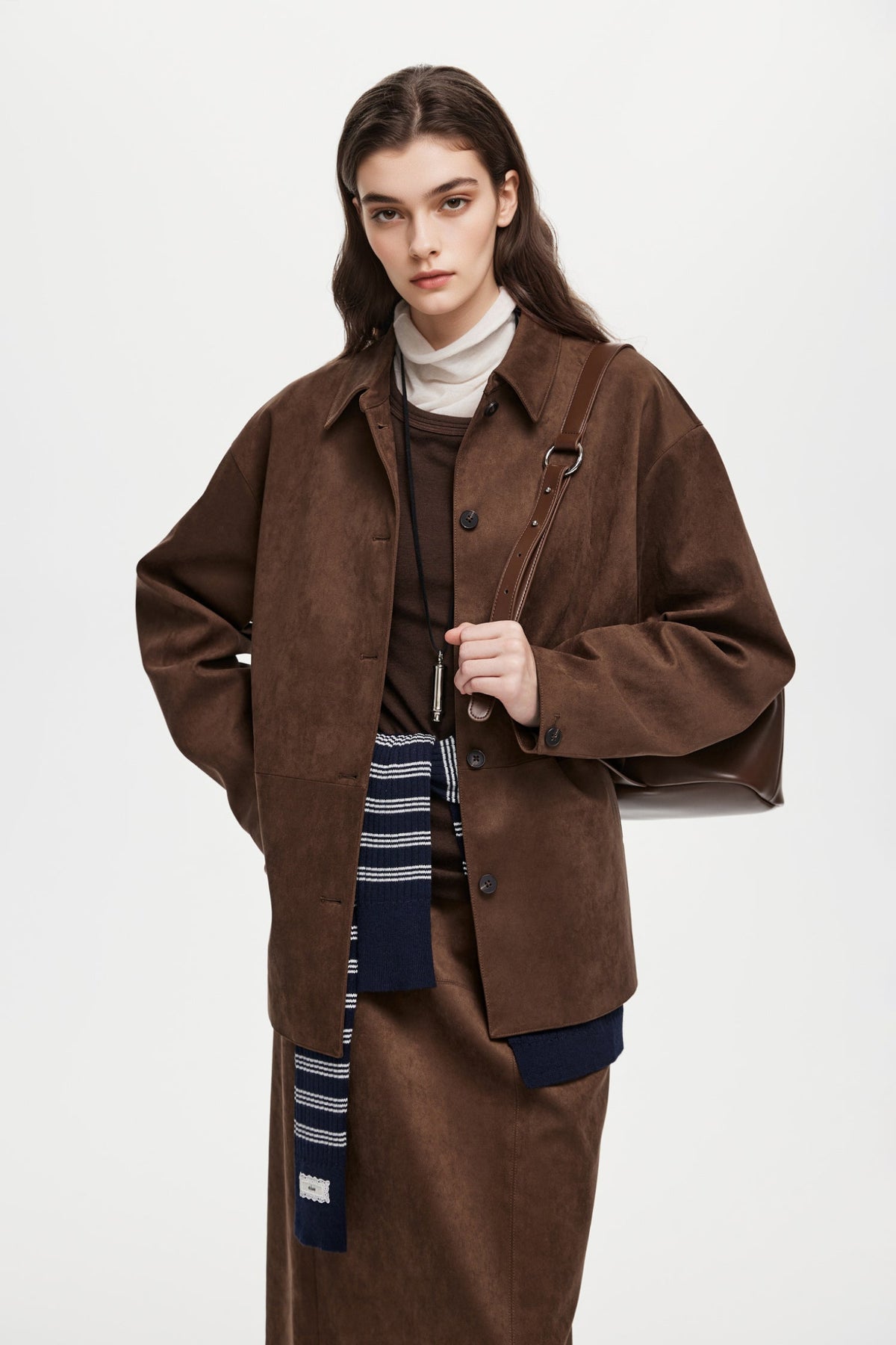 Suede Textured Tie-Waist Overshirt Jacket in Brown