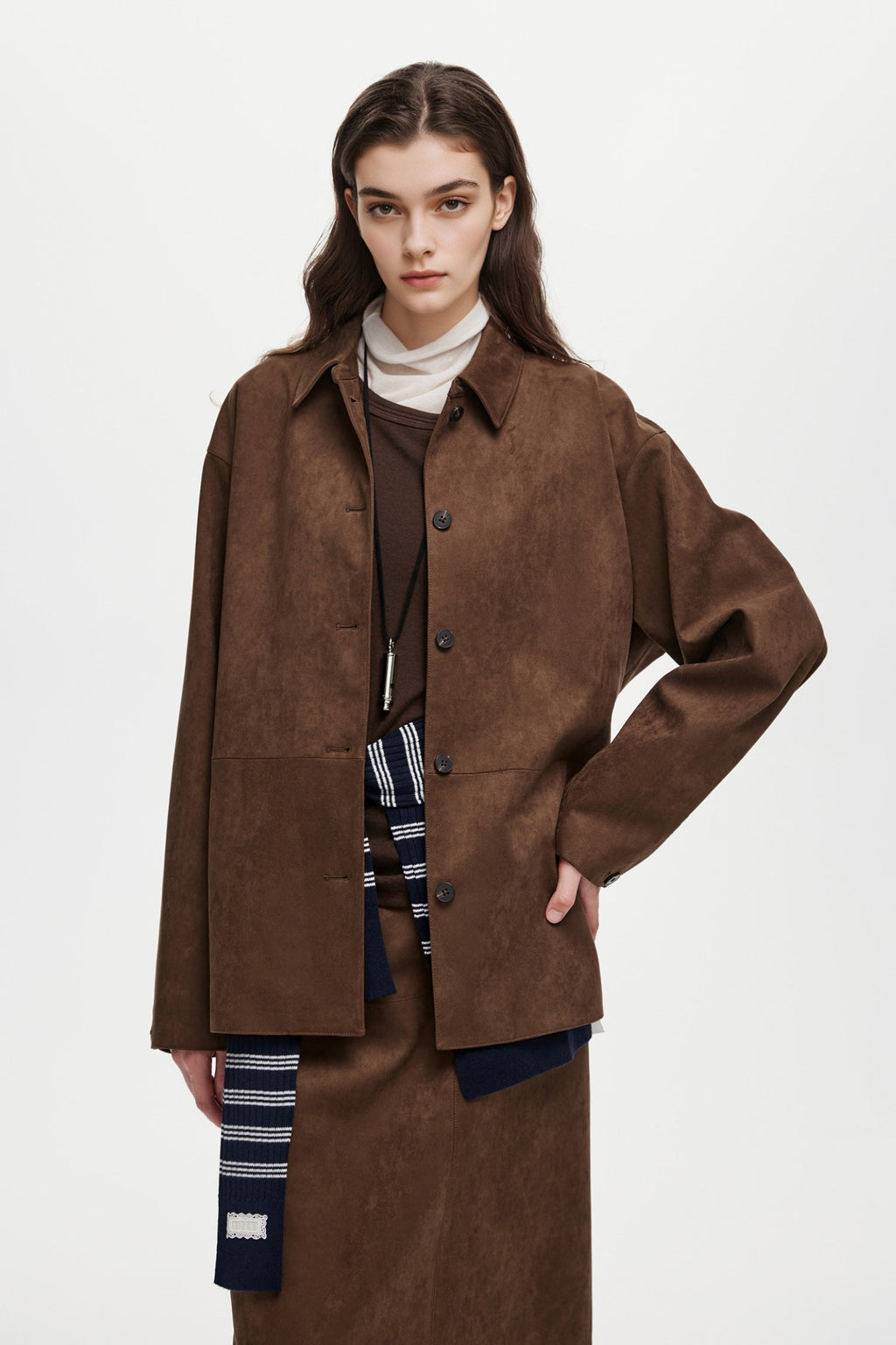 Suede Textured Tie-Waist Overshirt Jacket in Brown