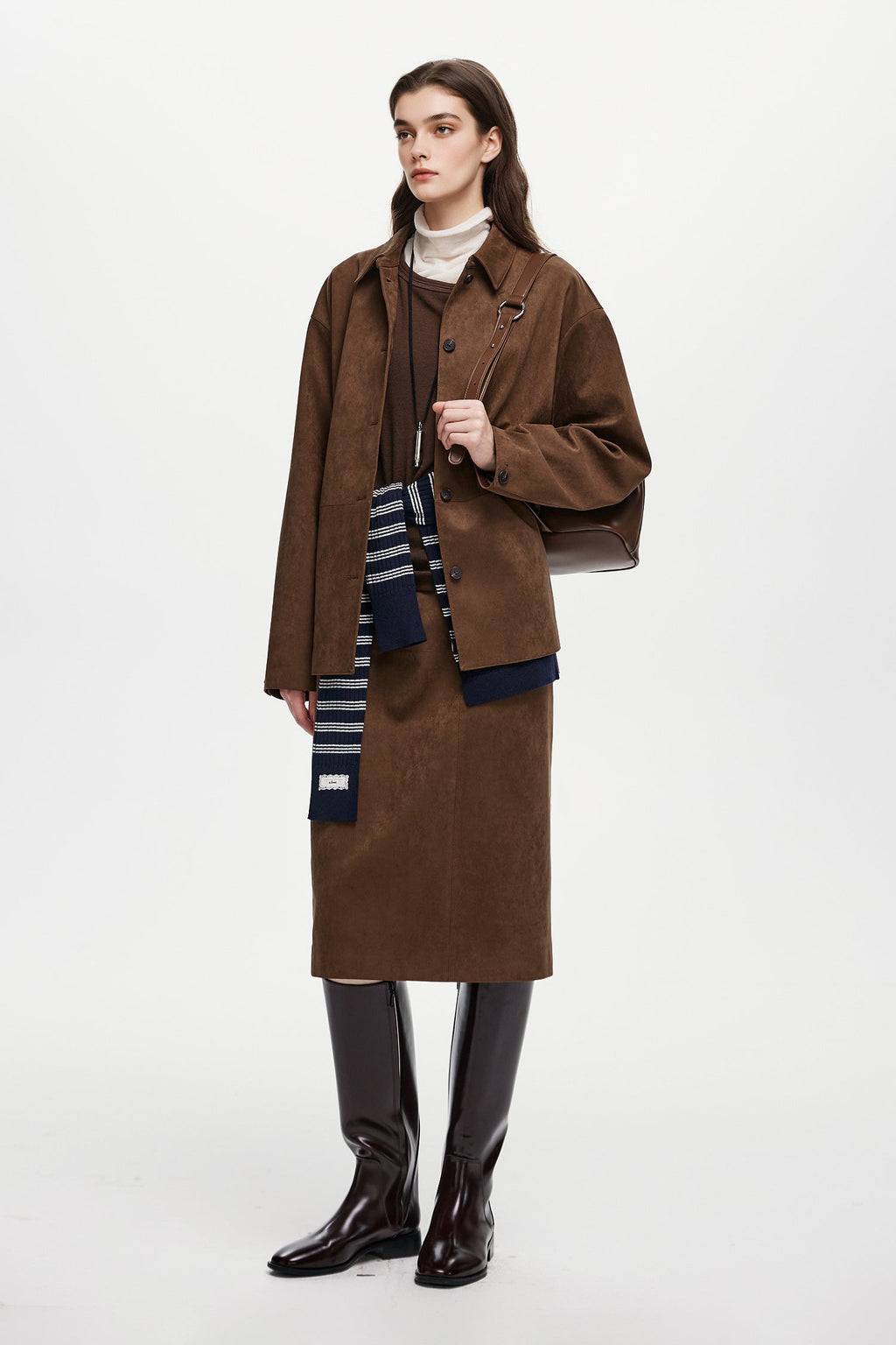 Suede Textured Tie-Waist Overshirt Jacket in Brown