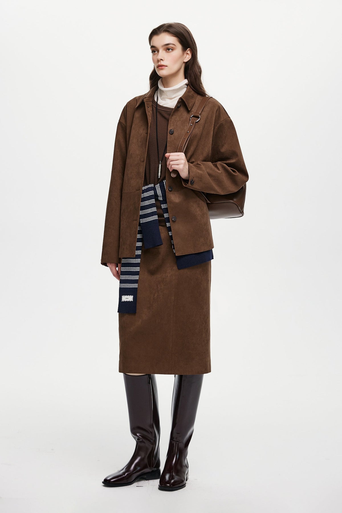 Suede Textured Tie-Waist Overshirt Jacket in Brown