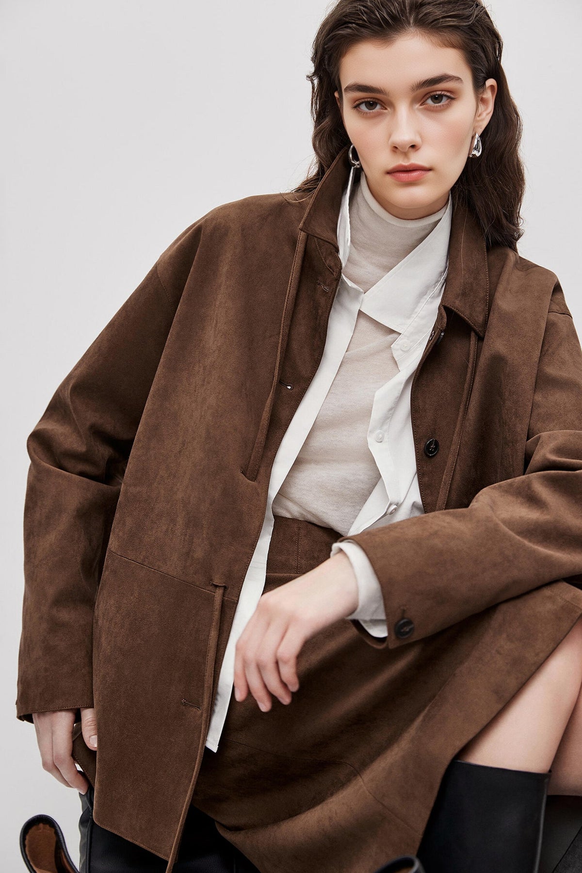 Suede Textured Tie-Waist Overshirt Jacket in Brown