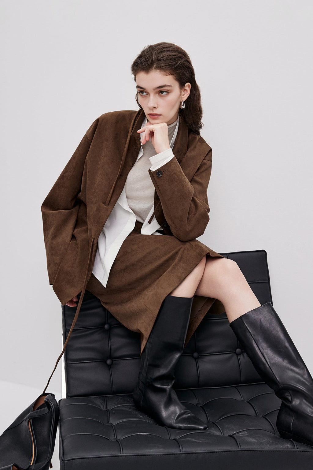 Suede Textured Tie-Waist Overshirt Jacket in Brown
