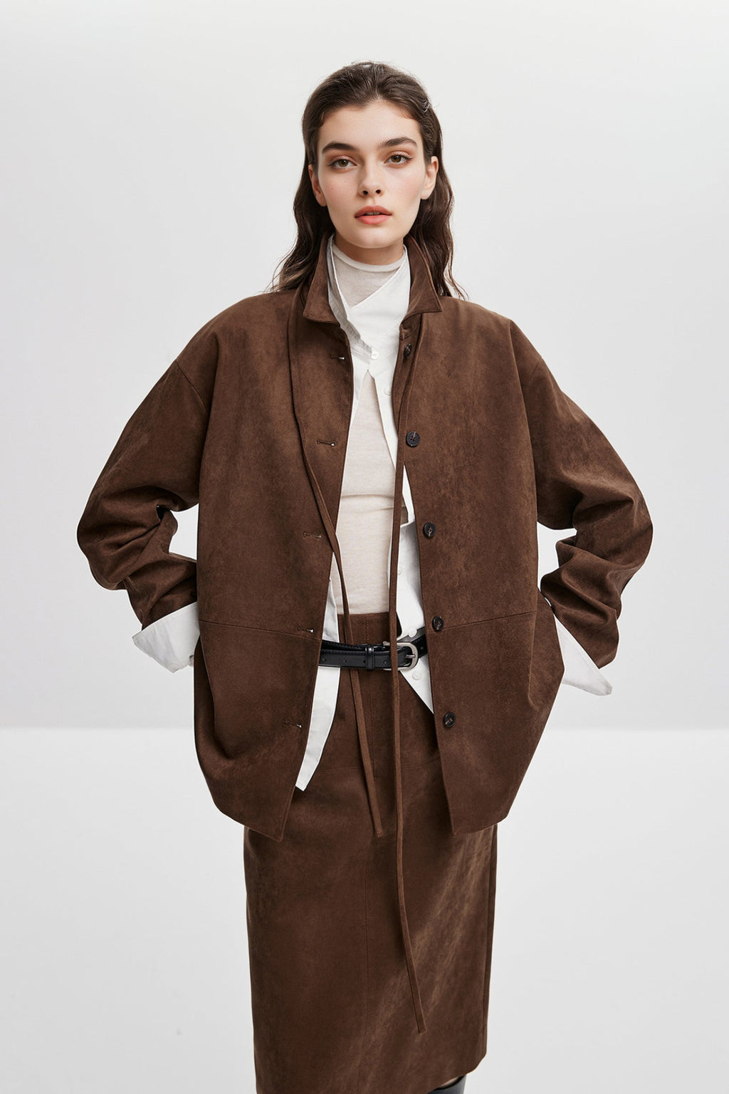 Suede Textured Tie-Waist Overshirt Jacket in Brown