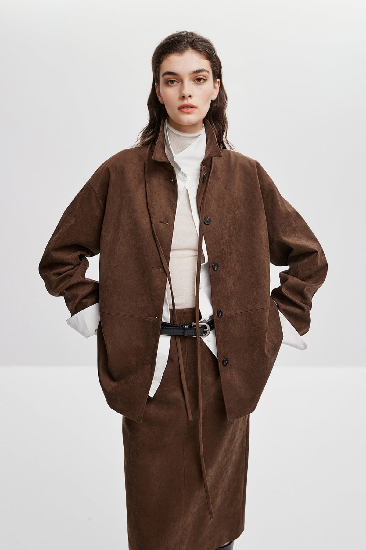 Suede Textured Tie-Waist Overshirt Jacket in Brown