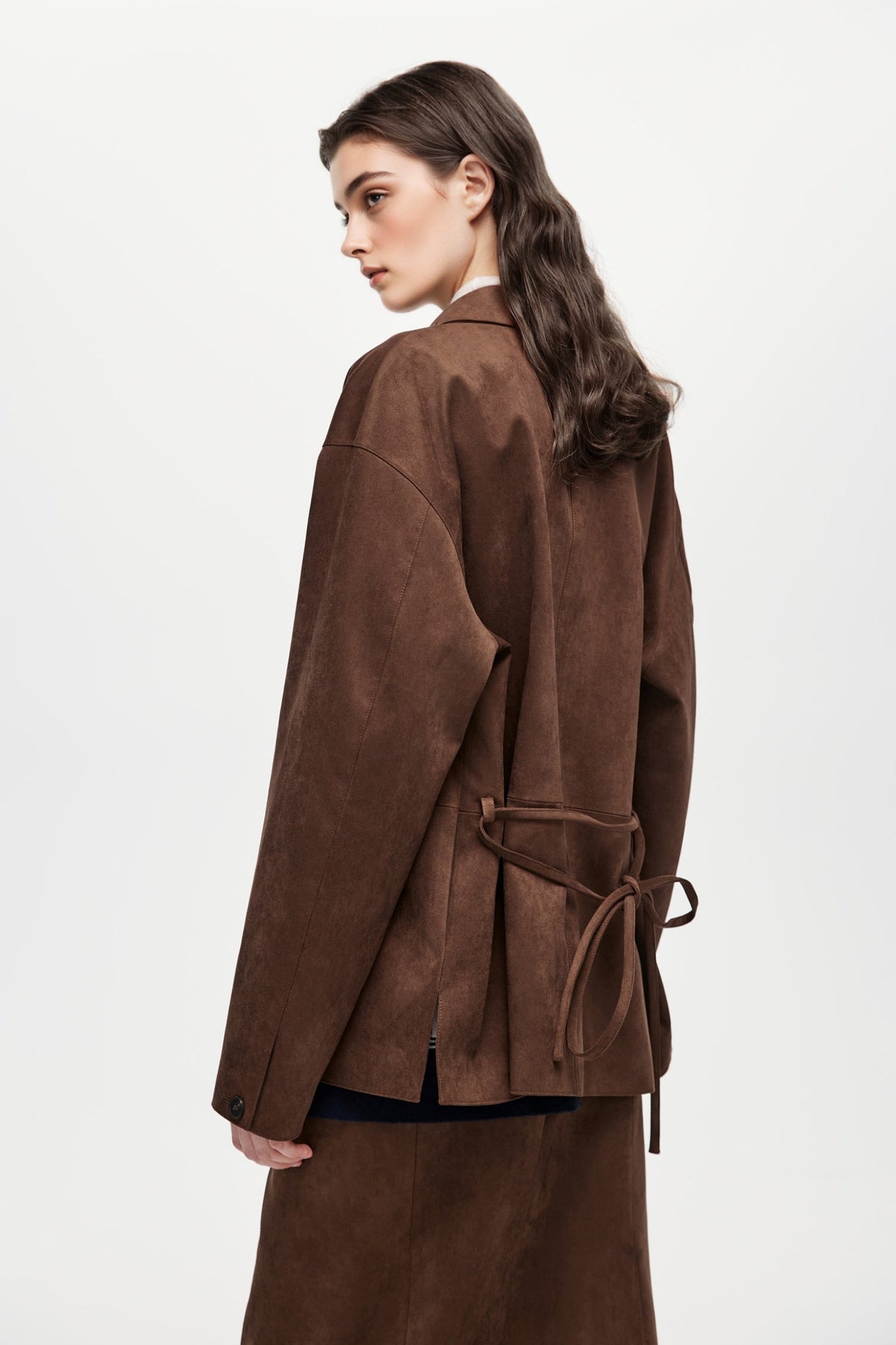 Suede Textured Tie-Waist Overshirt Jacket in Brown