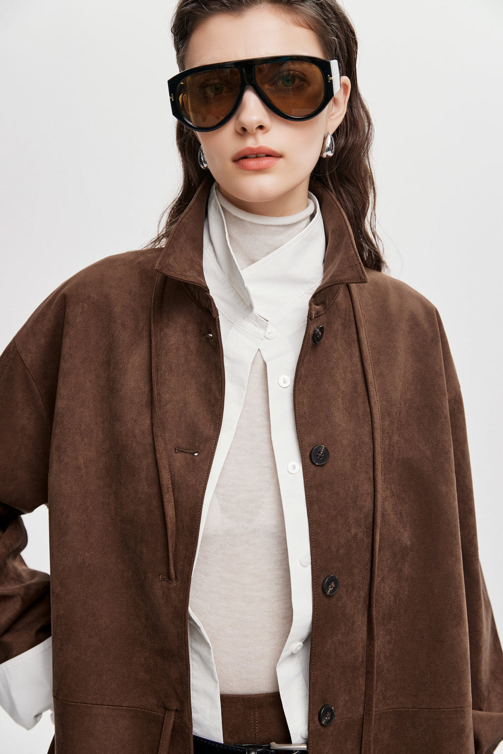 Suede Textured Tie-Waist Overshirt Jacket in Brown