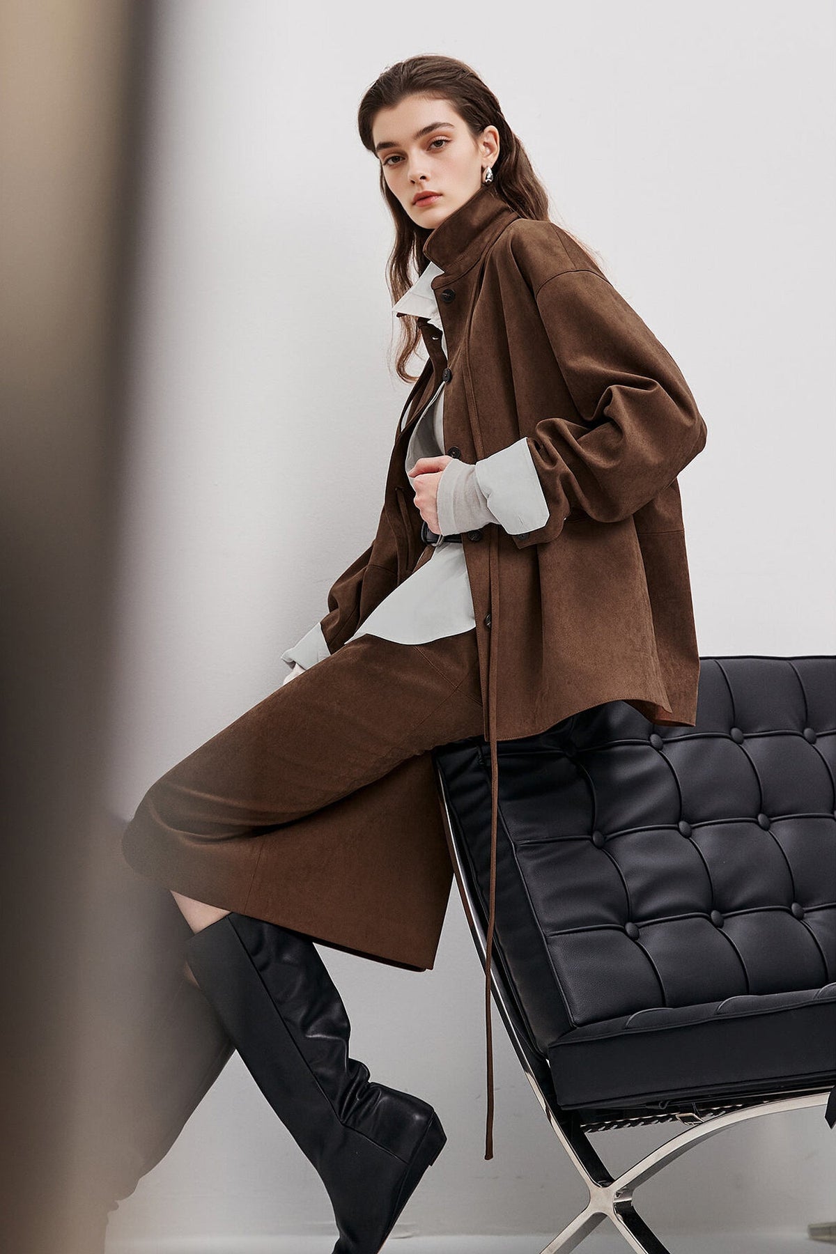 Suede Textured Tie-Waist Overshirt Jacket in Brown
