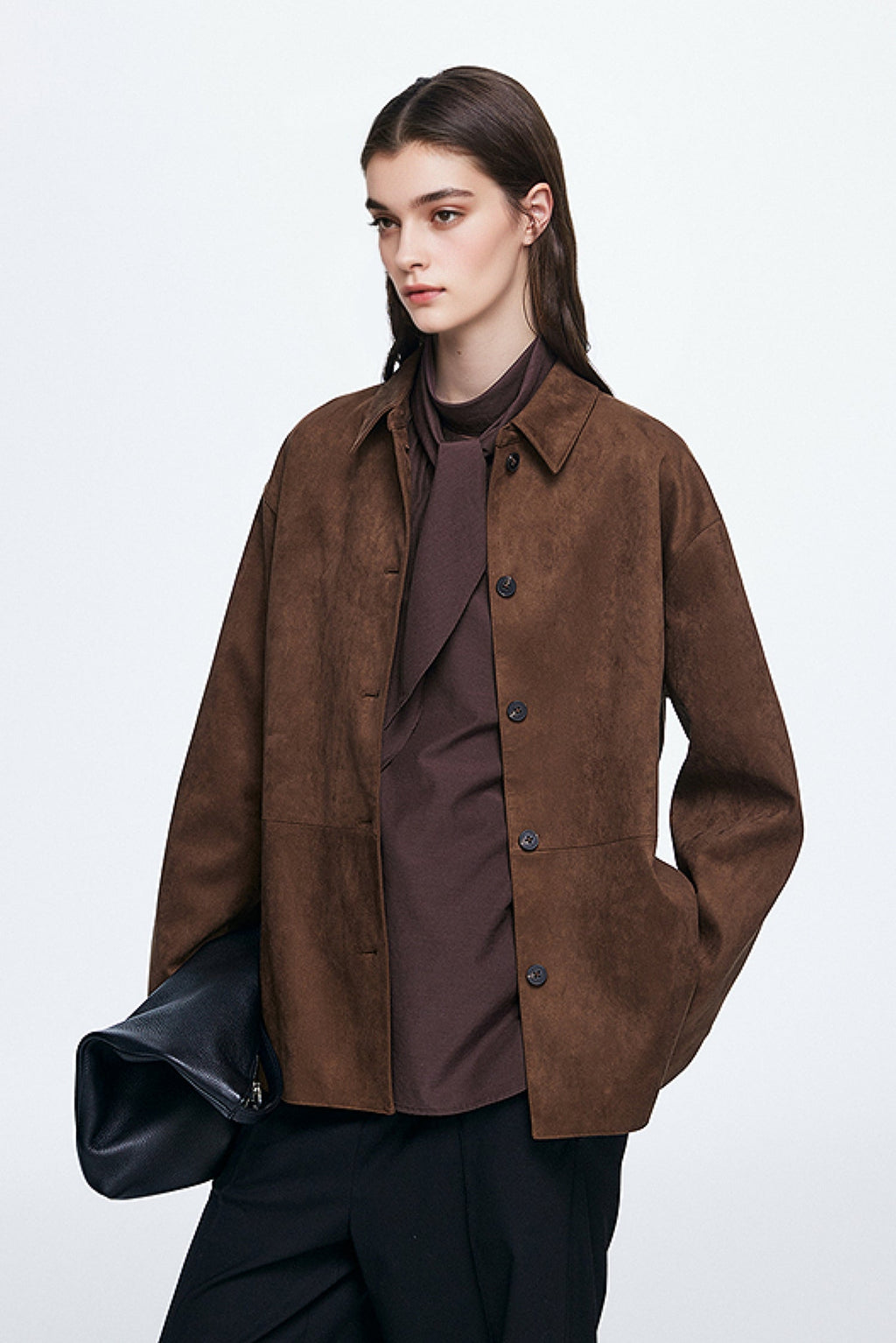 Suede Textured Tie-Waist Overshirt Jacket in Brown