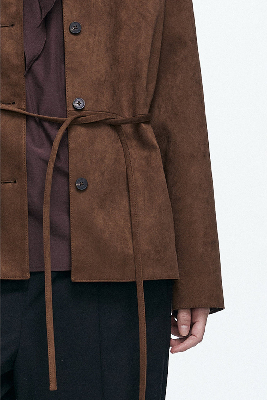 Suede Textured Tie-Waist Overshirt Jacket in Brown