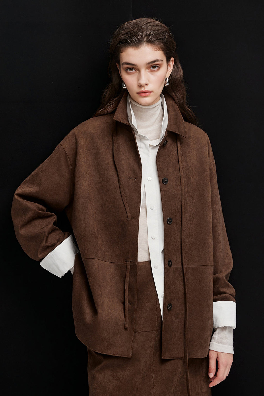 Suede Textured Tie-Waist Overshirt Jacket in Brown