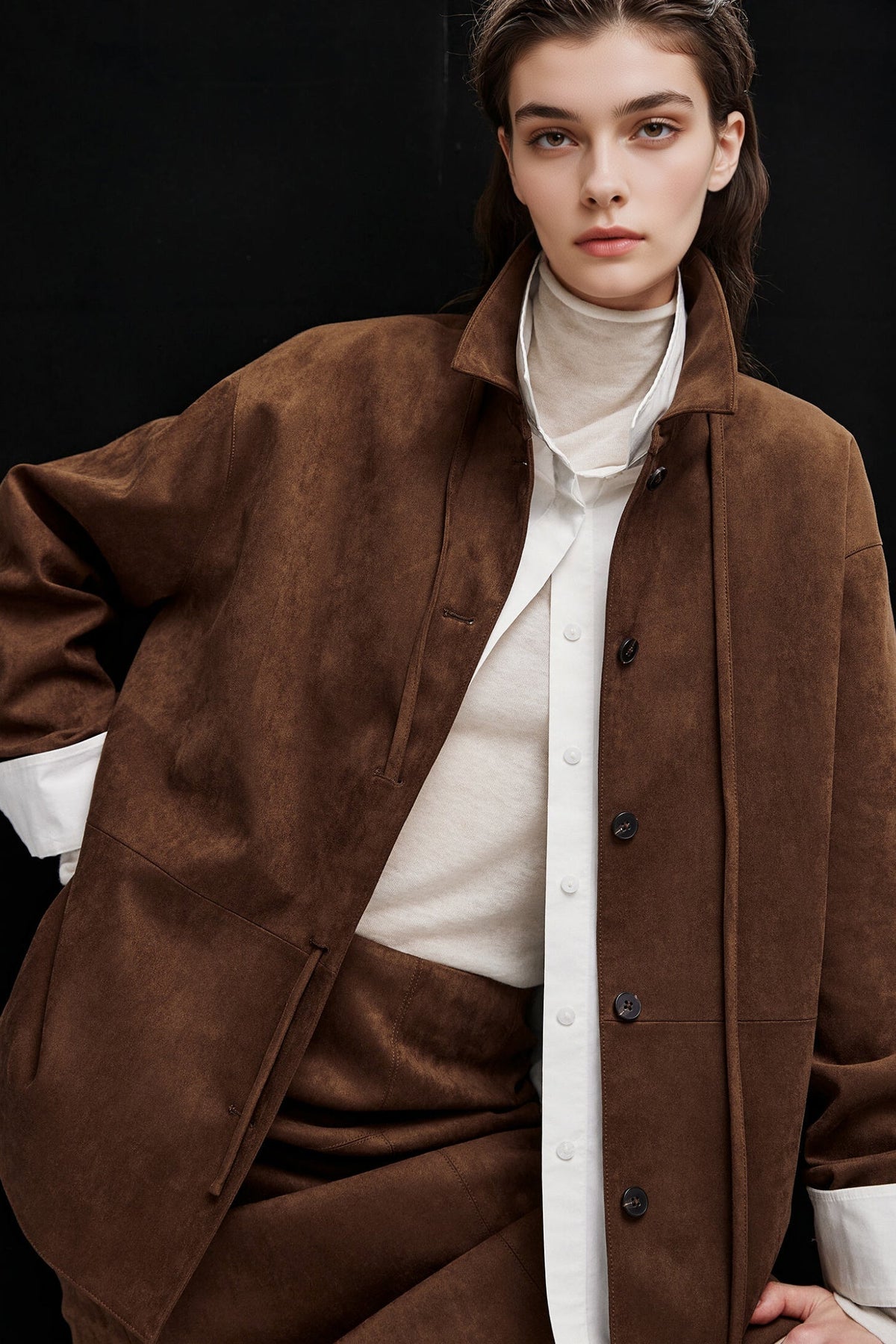 Suede Textured Tie-Waist Overshirt Jacket in Brown