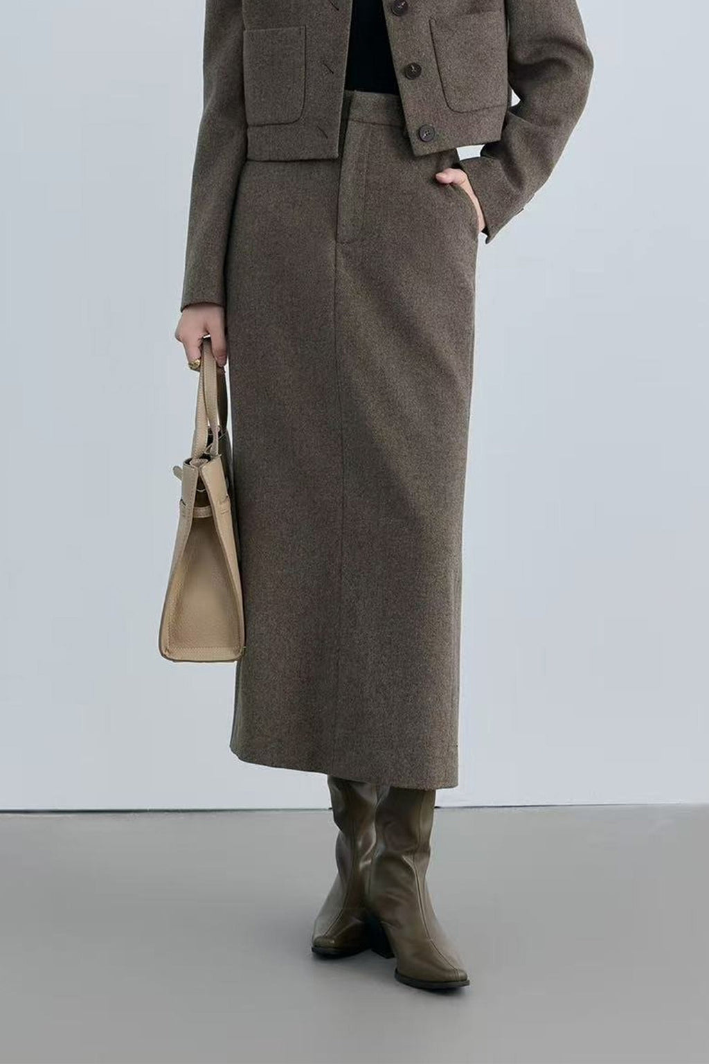 Tailored Herringbone Cashmere-Wool Column Midi Skirt