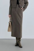Tailored Herringbone Cashmere-Wool Column Midi Skirt