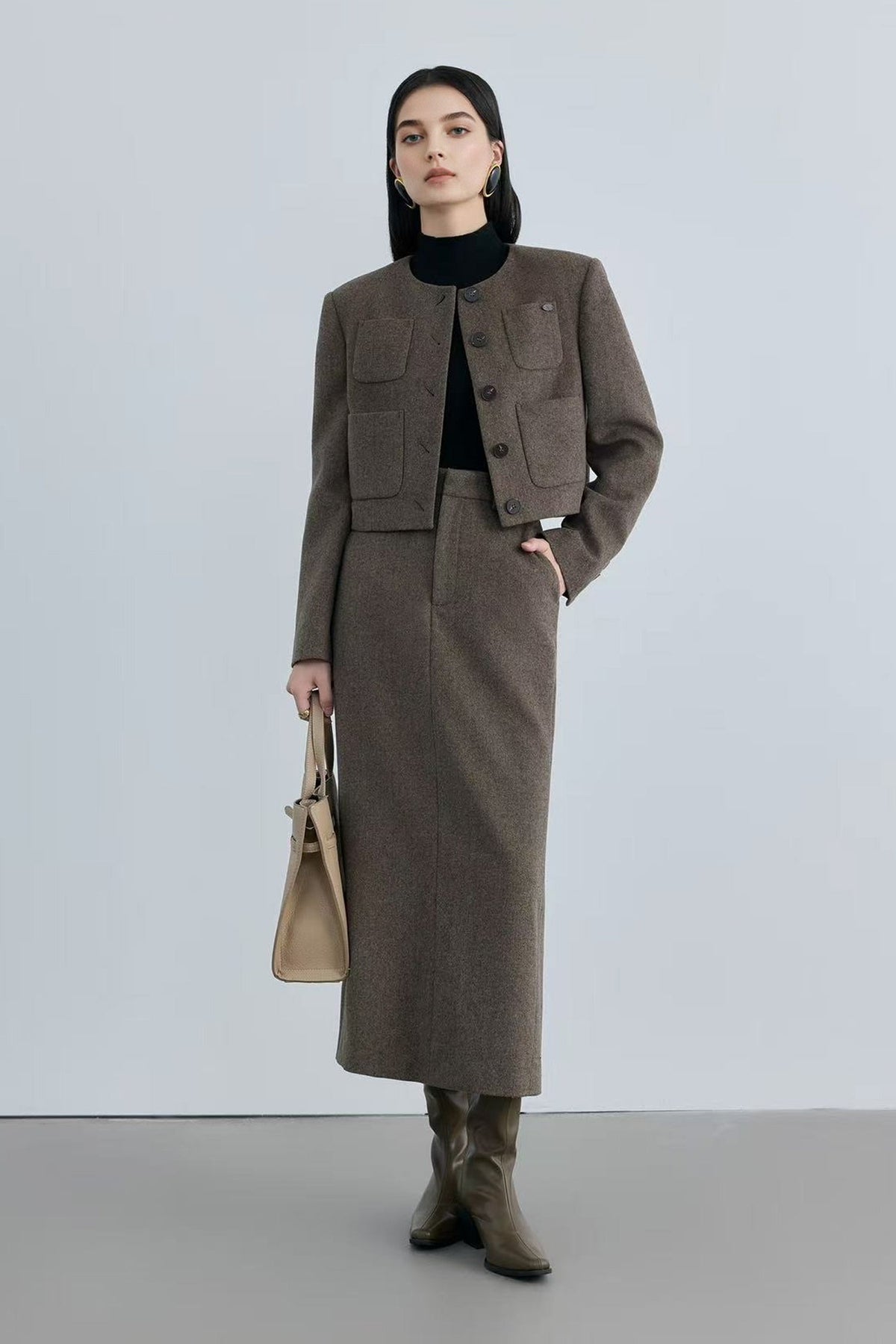 Tailored Herringbone Cashmere-Wool Column Midi Skirt