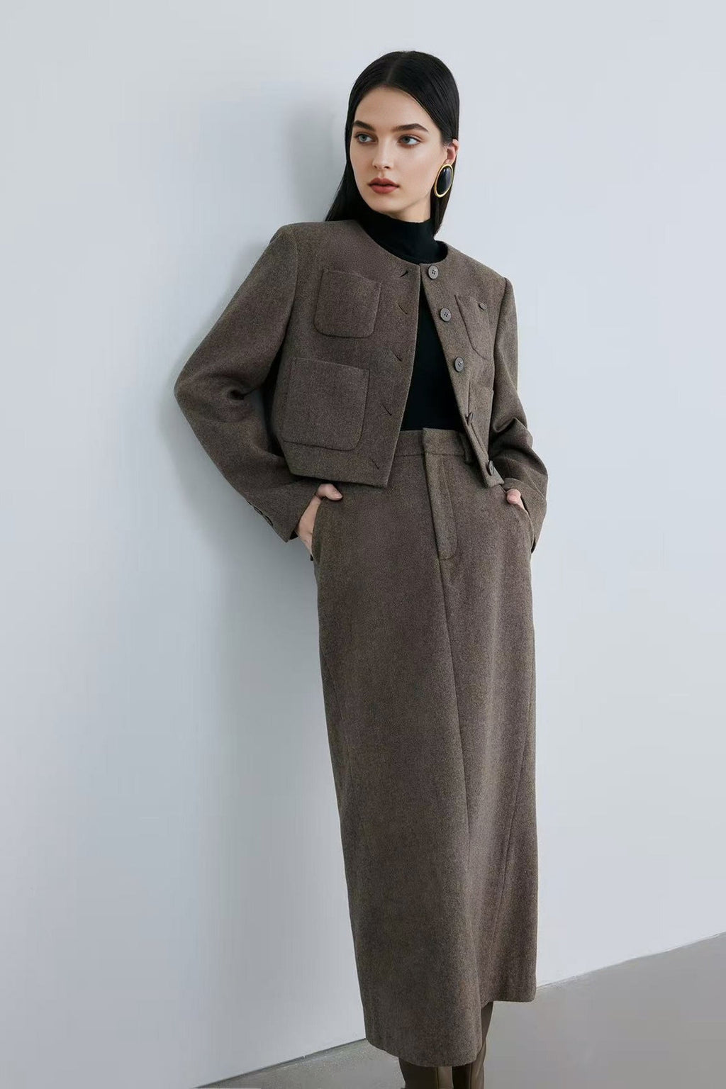 Tailored Herringbone Cashmere-Wool Column Midi Skirt